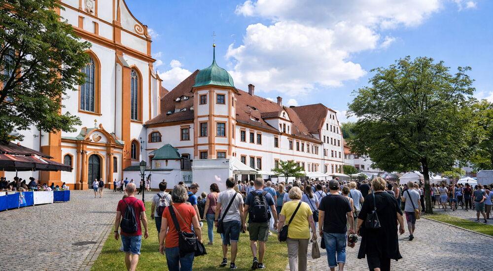 Bild von dem Klosterfest - mit vielen Besuchern, Markständen und der Kirche im Hintergrund.